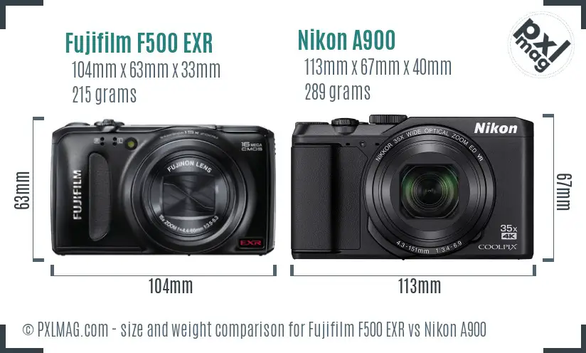 Fujifilm F500 EXR vs Nikon A900 size comparison