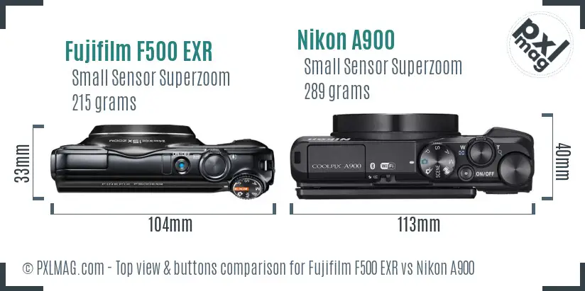 Fujifilm F500 EXR vs Nikon A900 top view buttons comparison