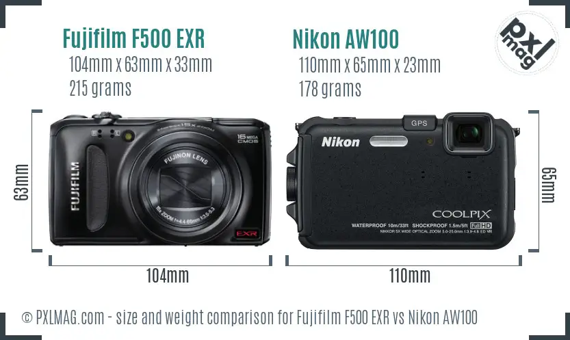 Fujifilm F500 EXR vs Nikon AW100 size comparison