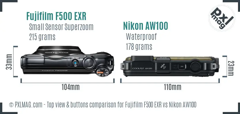 Fujifilm F500 EXR vs Nikon AW100 top view buttons comparison