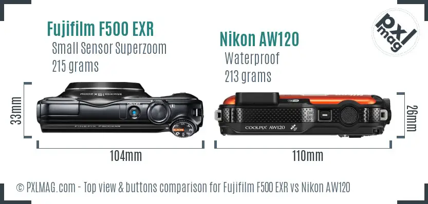 Fujifilm F500 EXR vs Nikon AW120 top view buttons comparison Fujifilm F500 EXR vs Nikon AW120 top view buttons comparison