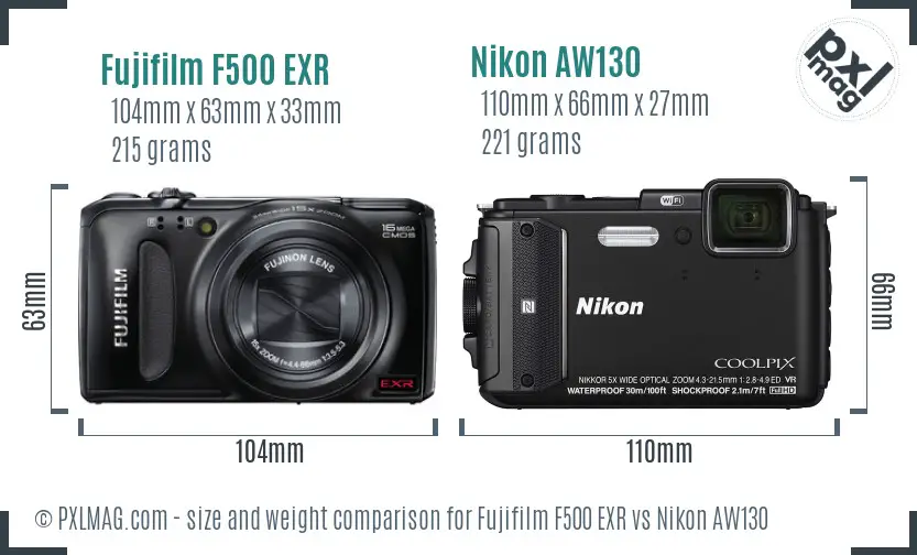 Fujifilm F500 EXR vs Nikon AW130 size comparison