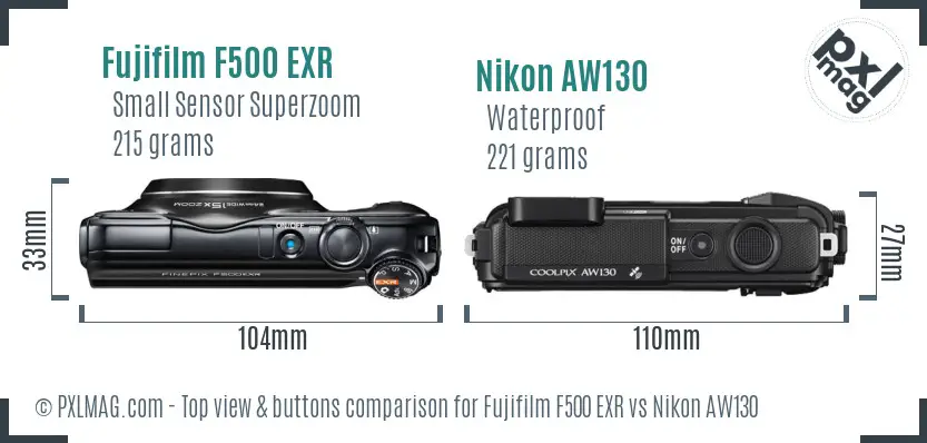 Fujifilm F500 EXR vs Nikon AW130 top view buttons comparison