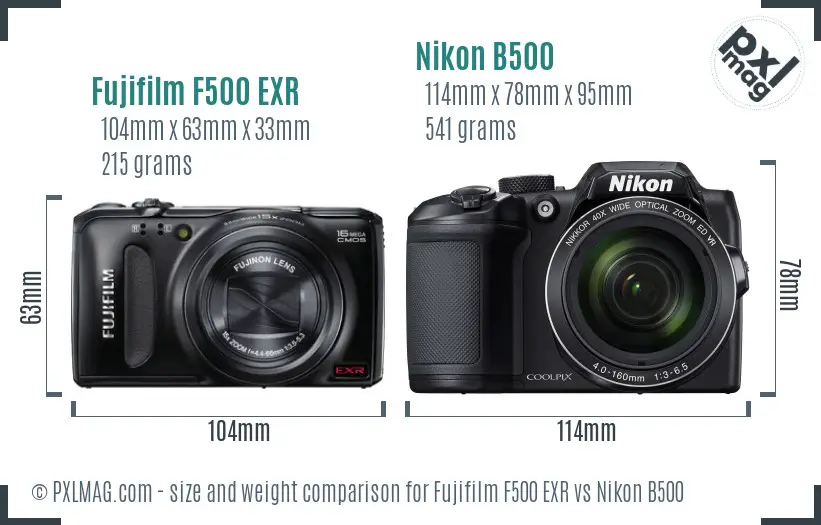 Fujifilm F500 EXR vs Nikon B500 size comparison