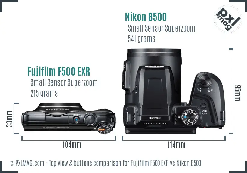 Fujifilm F500 EXR vs Nikon B500 top view buttons comparison