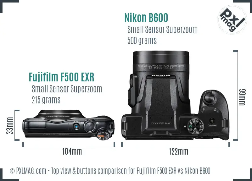 Fujifilm F500 EXR vs Nikon B600 top view buttons comparison Fujifilm F500 EXR vs Nikon B600 top view buttons comparison