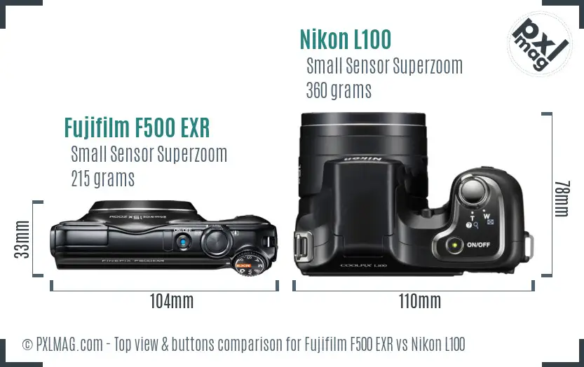 Fujifilm F500 EXR vs Nikon L100 top view buttons comparison