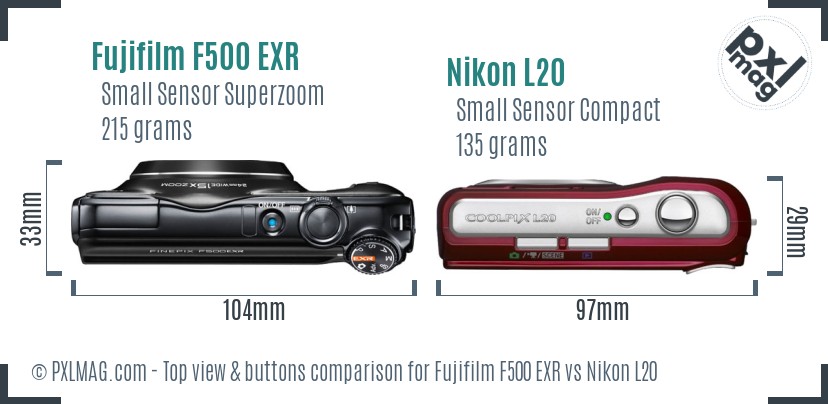 Fujifilm F500 EXR vs Nikon L20 top view buttons comparison
