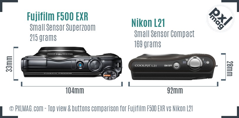 Fujifilm F500 EXR vs Nikon L21 top view buttons comparison