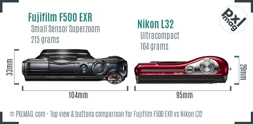 Fujifilm F500 EXR vs Nikon L32 top view buttons comparison Fujifilm F500 EXR vs Nikon L32 top view buttons comparison