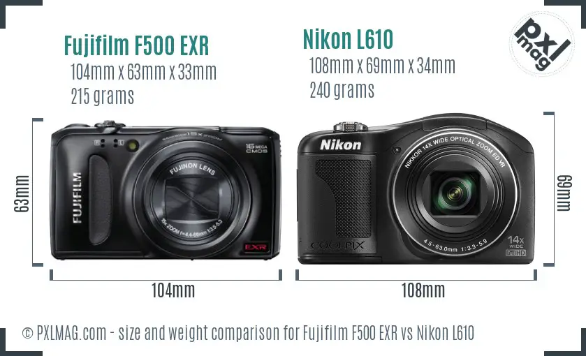 Fujifilm F500 EXR vs Nikon L610 size comparison