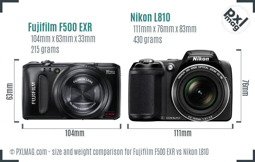 Fujifilm F500 EXR vs Nikon L810 size comparison