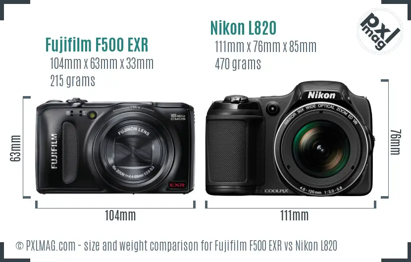 Fujifilm F500 EXR vs Nikon L820 size comparison