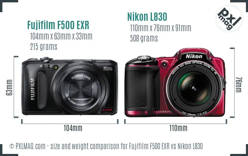 Fujifilm F500 EXR vs Nikon L830 size comparison