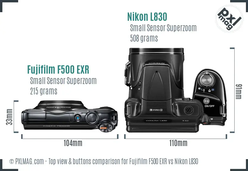 Fujifilm F500 EXR vs Nikon L830 top view buttons comparison
