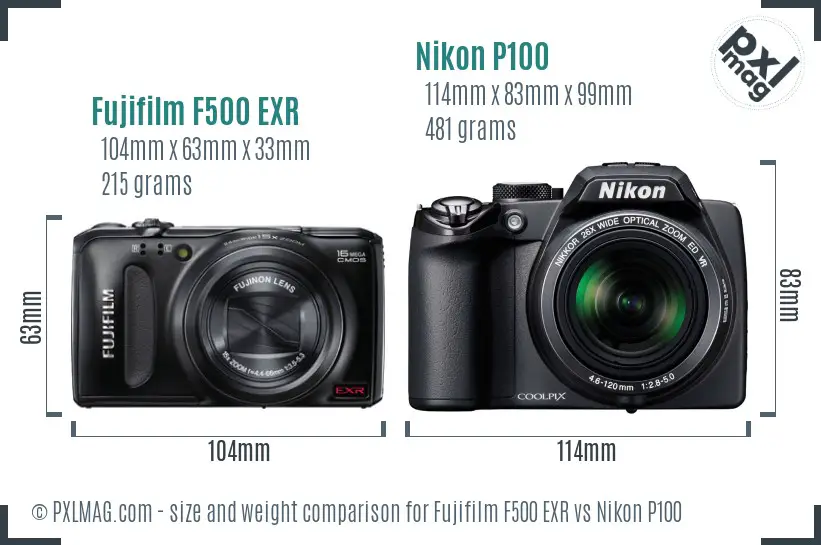 Fujifilm F500 EXR vs Nikon P100 size comparison