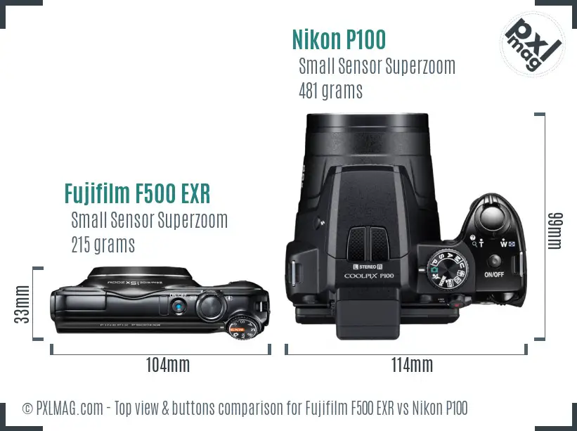 Fujifilm F500 EXR vs Nikon P100 top view buttons comparison