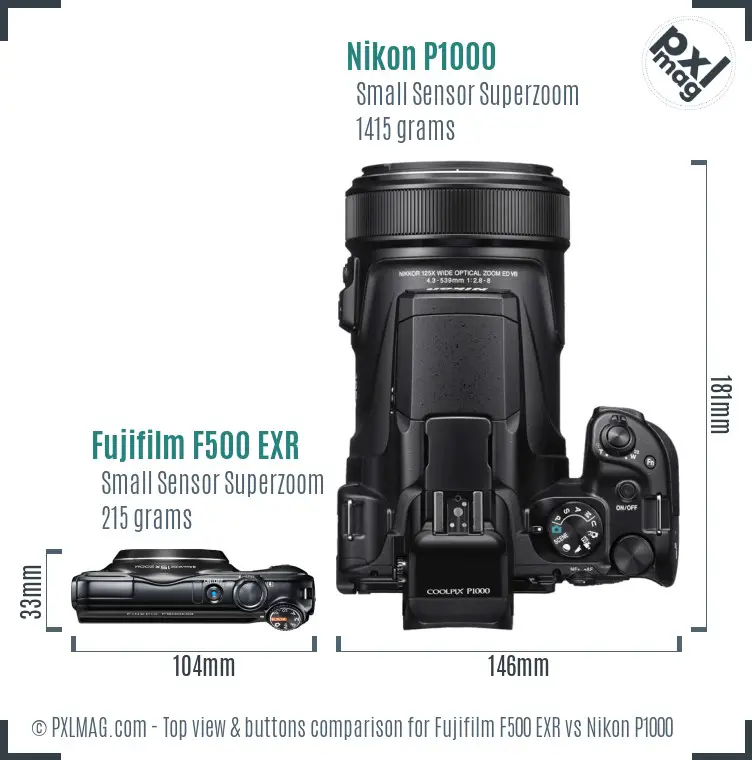 Fujifilm F500 EXR vs Nikon P1000 top view buttons comparison Fujifilm F500 EXR vs Nikon P1000 top view buttons comparison