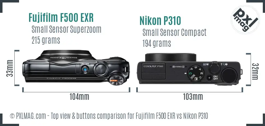 Fujifilm F500 EXR vs Nikon P310 top view buttons comparison