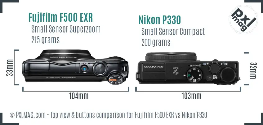 Fujifilm F500 EXR vs Nikon P330 top view buttons comparison Fujifilm F500 EXR vs Nikon P330 top view buttons comparison