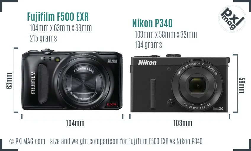 Fujifilm F500 EXR vs Nikon P340 size comparison