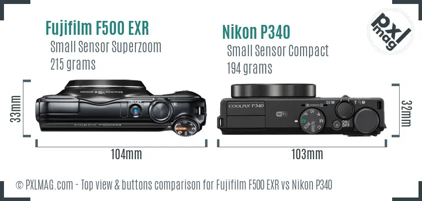 Fujifilm F500 EXR vs Nikon P340 top view buttons comparison