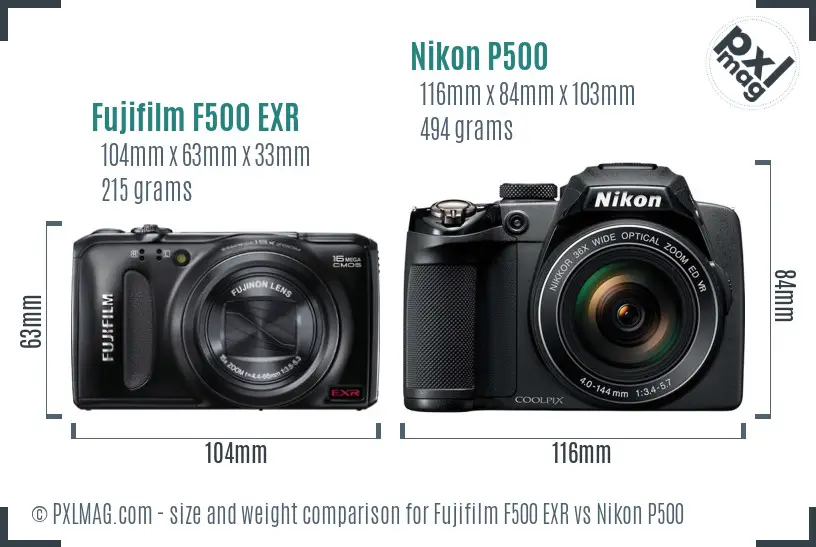 Fujifilm F500 EXR vs Nikon P500 size comparison