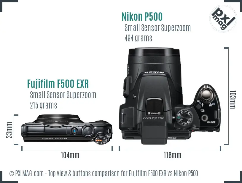 Fujifilm F500 EXR vs Nikon P500 top view buttons comparison