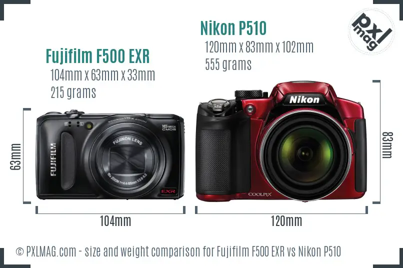 Fujifilm F500 EXR vs Nikon P510 size comparison