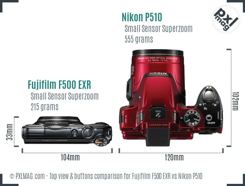 Fujifilm F500 EXR vs Nikon P510 top view buttons comparison