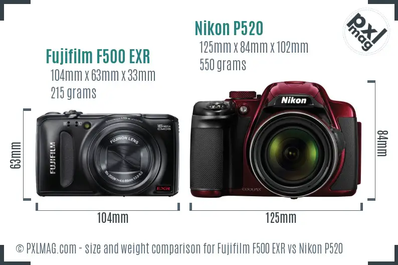 Fujifilm F500 EXR vs Nikon P520 size comparison