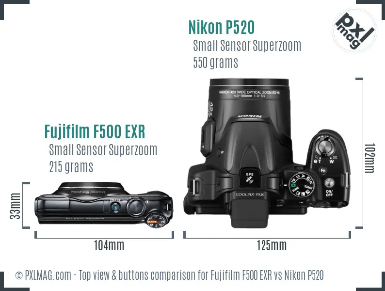 Fujifilm F500 EXR vs Nikon P520 top view buttons comparison