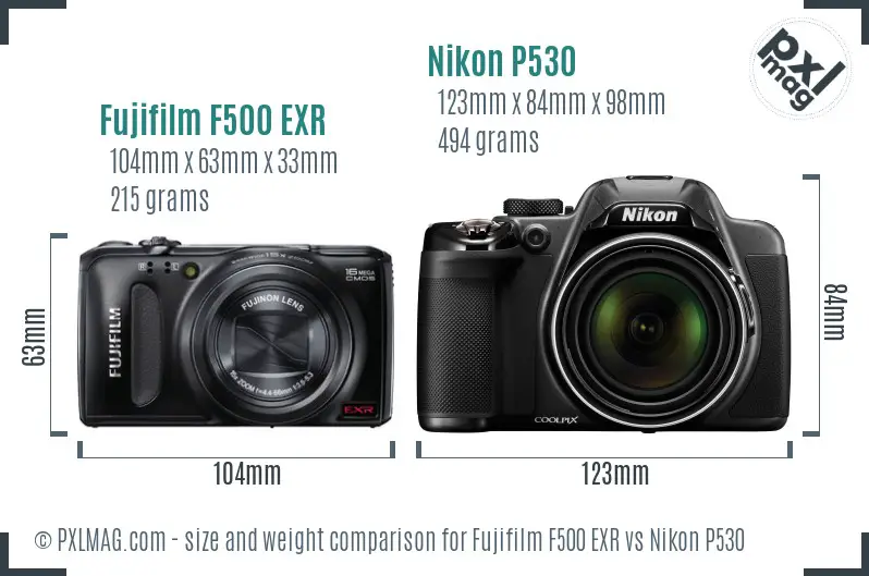 Fujifilm F500 EXR vs Nikon P530 size comparison