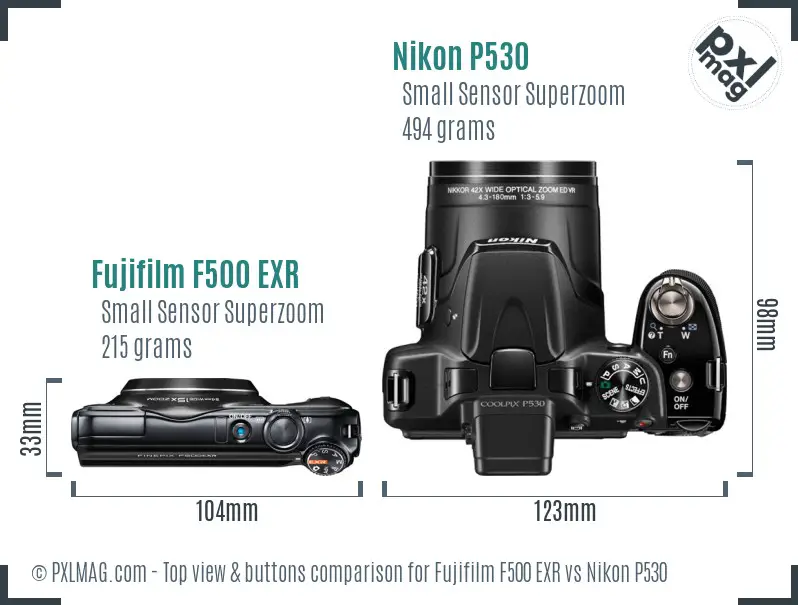 Fujifilm F500 EXR vs Nikon P530 top view buttons comparison