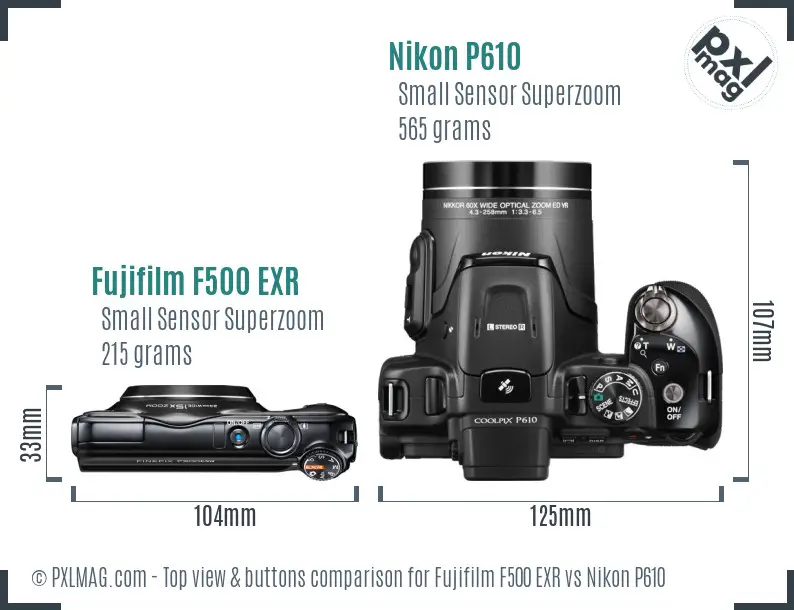 Fujifilm F500 EXR vs Nikon P610 top view buttons comparison Fujifilm F500 EXR vs Nikon P610 top view buttons comparison