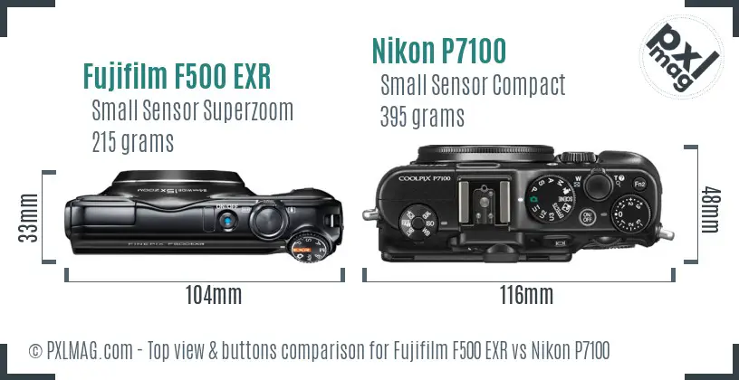 Fujifilm F500 EXR vs Nikon P7100 top view buttons comparison
