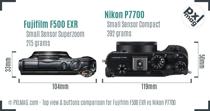 Fujifilm F500 EXR vs Nikon P7700 top view buttons comparison