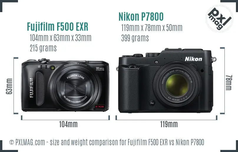 Fujifilm F500 EXR vs Nikon P7800 size comparison