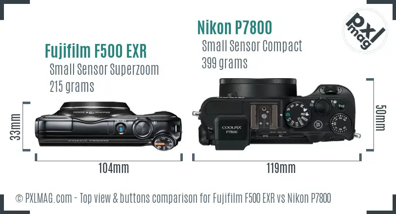 Fujifilm F500 EXR vs Nikon P7800 top view buttons comparison