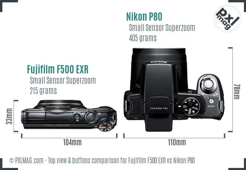 Fujifilm F500 EXR vs Nikon P80 top view buttons comparison Fujifilm F500 EXR vs Nikon P80 top view buttons comparison