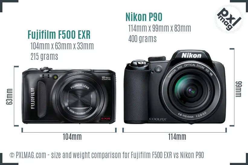Fujifilm F500 EXR vs Nikon P90 size comparison Fujifilm F500 EXR vs Nikon P90 size comparison