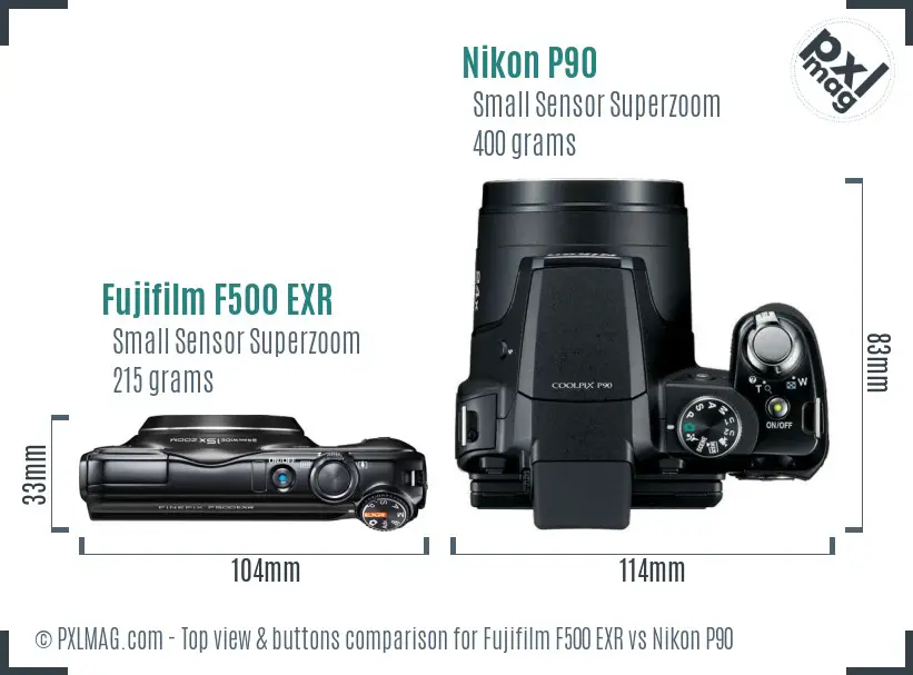 Fujifilm F500 EXR vs Nikon P90 top view buttons comparison Fujifilm F500 EXR vs Nikon P90 top view buttons comparison