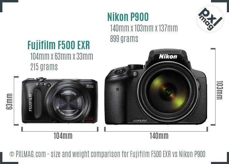 Fujifilm F500 EXR vs Nikon P900 size comparison