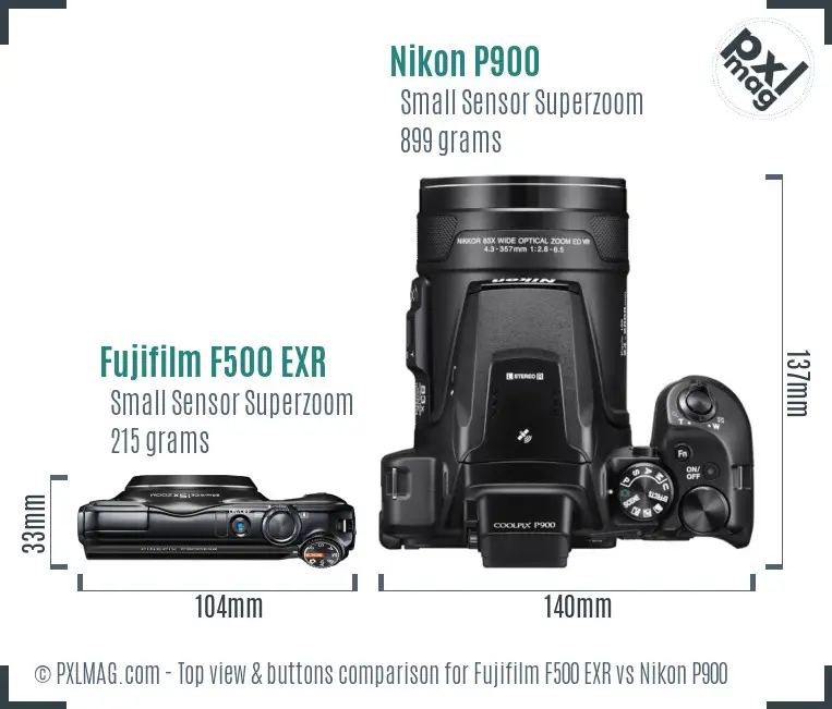 Fujifilm F500 EXR vs Nikon P900 top view buttons comparison