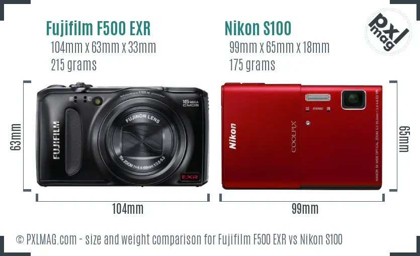 Fujifilm F500 EXR vs Nikon S100 size comparison