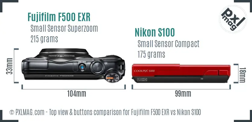 Fujifilm F500 EXR vs Nikon S100 top view buttons comparison