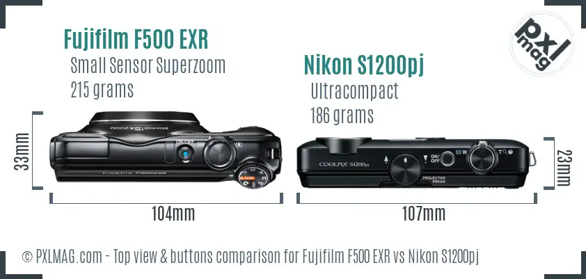 Fujifilm F500 EXR vs Nikon S1200pj top view buttons comparison