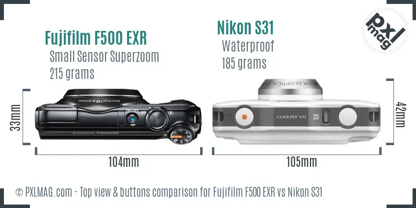 Fujifilm F500 EXR vs Nikon S31 top view buttons comparison