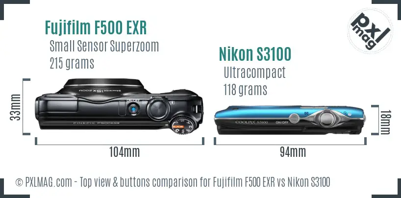 Fujifilm F500 EXR vs Nikon S3100 top view buttons comparison Fujifilm F500 EXR vs Nikon S3100 top view buttons comparison