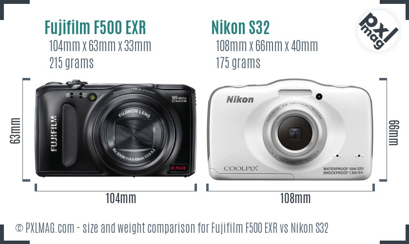 Fujifilm F500 EXR vs Nikon S32 size comparison
